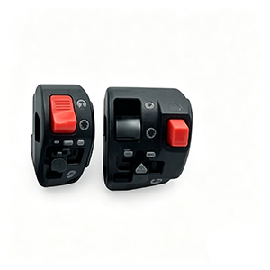 A pair of motorcycle handlebar switches designed for controlling essential functions like lights, turn signals, horn, and engine start/stop